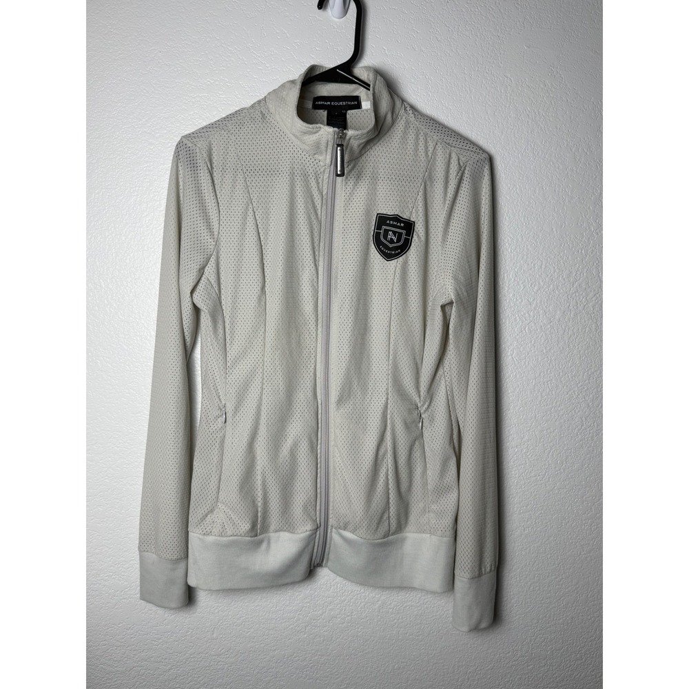 Asmar Equestrian Womens Small Mesh Zip Up Jacket Cream Mock Neck Logo Back